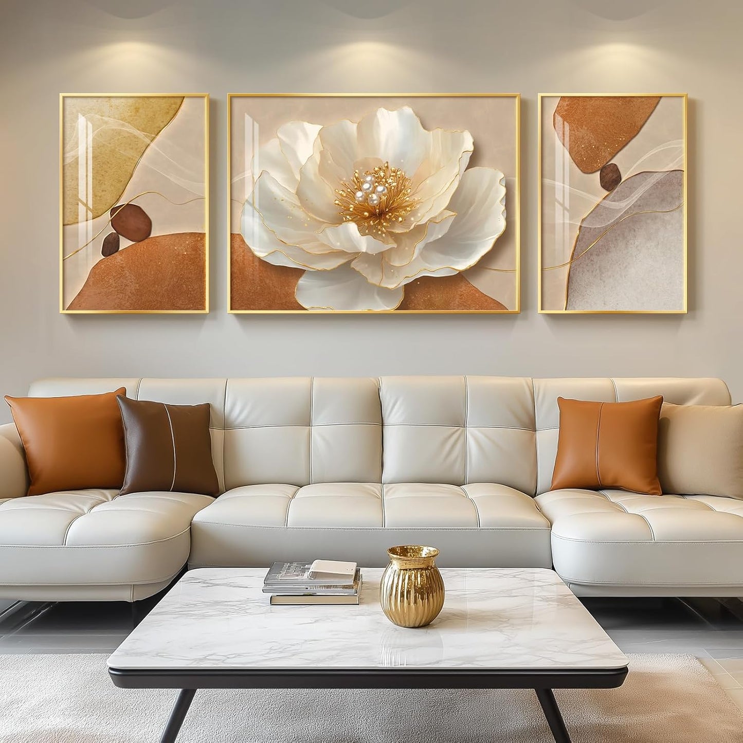 Framed Modern Luxury Gold Wall Art, Set of 3 Piece Contemporary Paintings Artwork for Walls, Golden Prints Pictures with Gold Frame, Wall Decor for Living Room, Hallway, Bedroom, Office 16x24 Inch