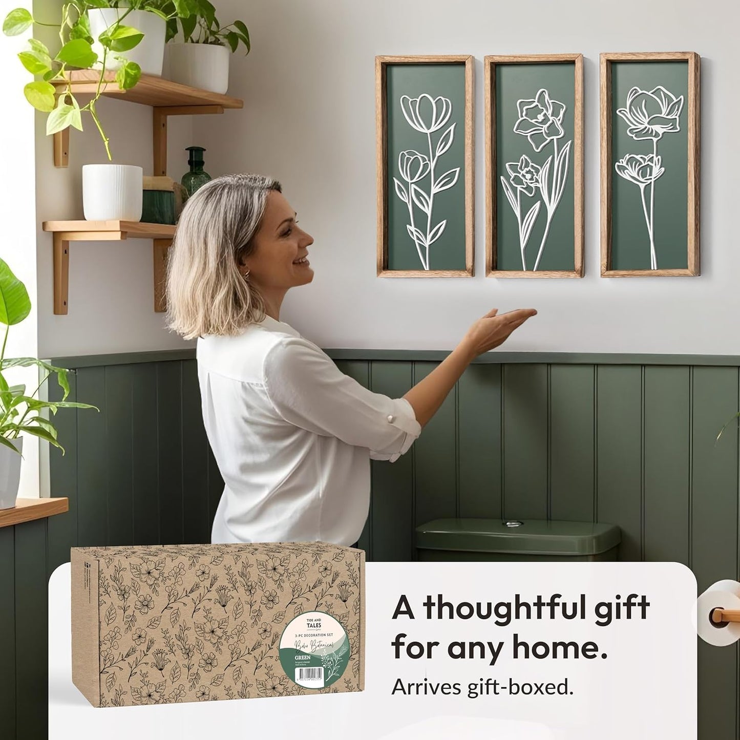 3D Floral Green Wall Art (Set of 2) Lightweight, Wooden Ready-to-Hang Boho Framed Wall Art for Bathroom, Bedroom, Living Room or Office – Premium Sage Green Farmhouse Decor – Gift-Boxed