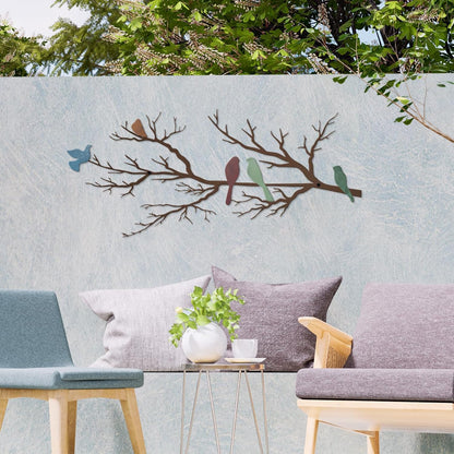 Metal Birds Wall Art, Metal Vivid Birds on Branch Silhouette Wall Decor Black Leaves with Bird Outdoor Hanging Wall Sculpture for Home Balcony Garden(Large)