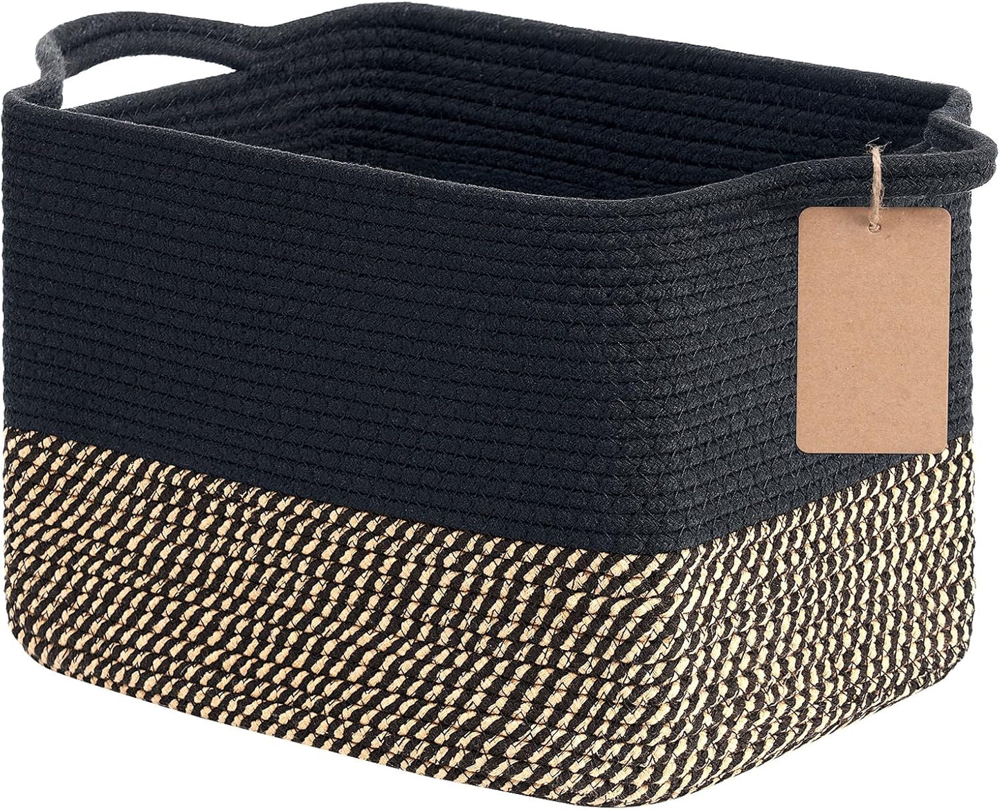 Goodpick Woven Storage Basket, Cotton Rope Basket for Dog Toys, Books, Stylish Gift Basket with Handles, 13 x 10 x 9 Inches Square Baskets for Organizing, Brown and White