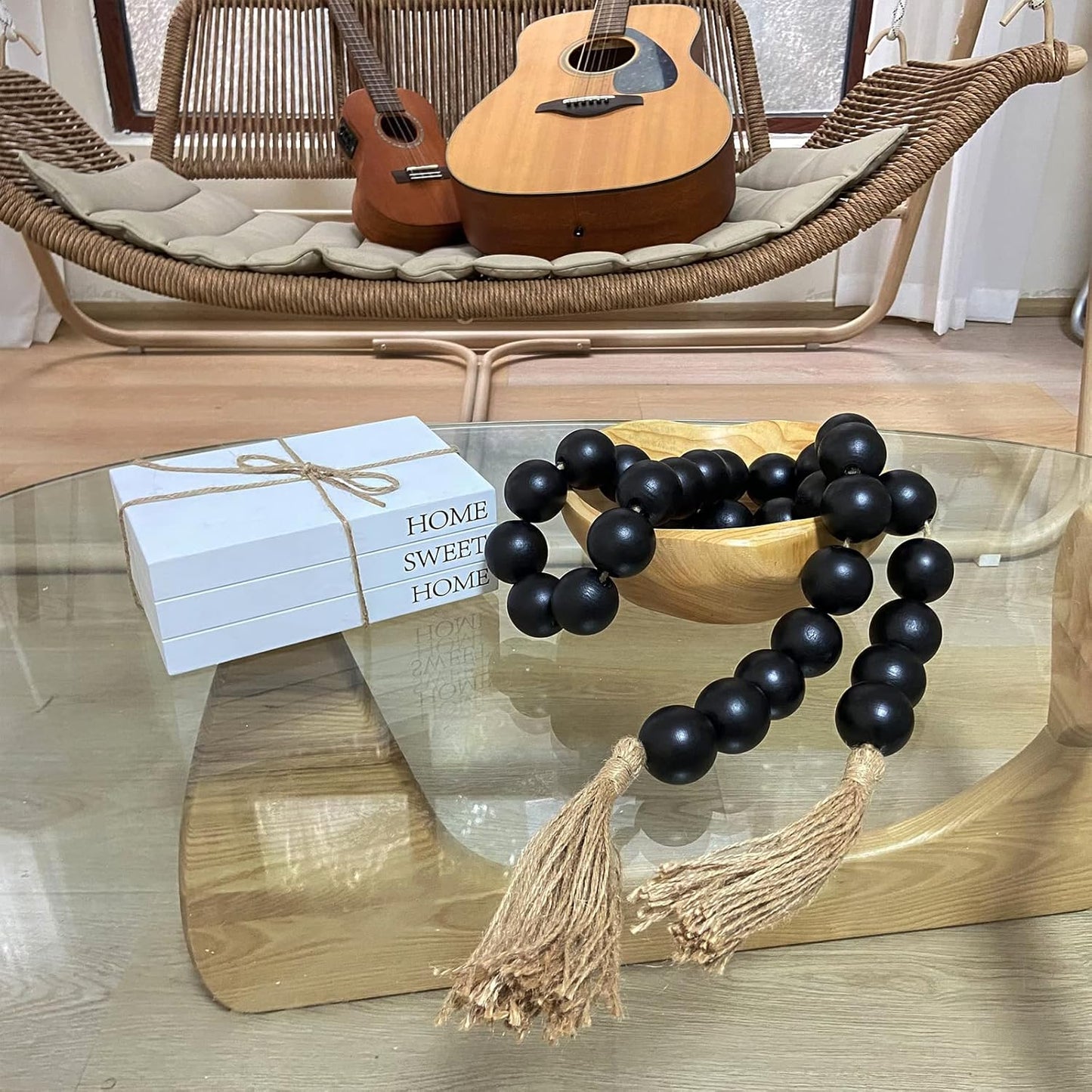 OMISHE Extra Large Wood Bead Garland with 1.6" Diameter Wooden Beads and Tassels, 41" Long Rustic Farmhouse Country Decorative Beads for Home Tiered Tray Decor, Natural Beige