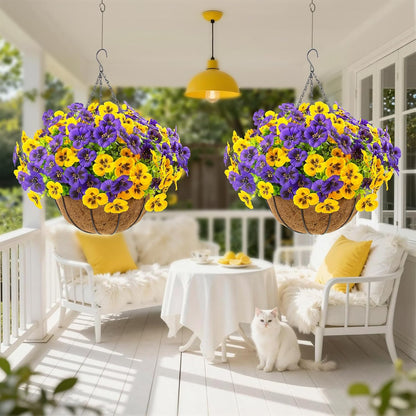 lovemoon 2 Sets Artificial Hanging Pansy Flowers with Baskets, 24 Pcs UV Resistant Faux Silk Pansy Outdoor Hanging Flower for Porch Patio Garden Home Spring Decor (2, White,Yellow,Purple)