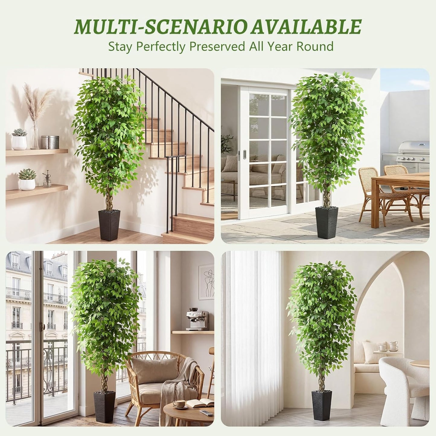 Artificial Ficus Tree 6FT Faux Plants Indoor Tall Fake Plants with White Planter, Green Lifelike Lush Fake Ficus Tree for Home Living Room Bedroom Outdoor Balcony House Office Decor