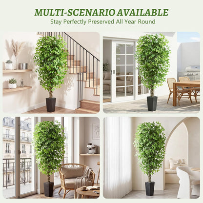 Artificial Ficus Tree 6FT Faux Plants Indoor Tall Fake Plants with White Planter, Green Lifelike Lush Fake Ficus Tree for Home Living Room Bedroom Outdoor Balcony House Office Decor