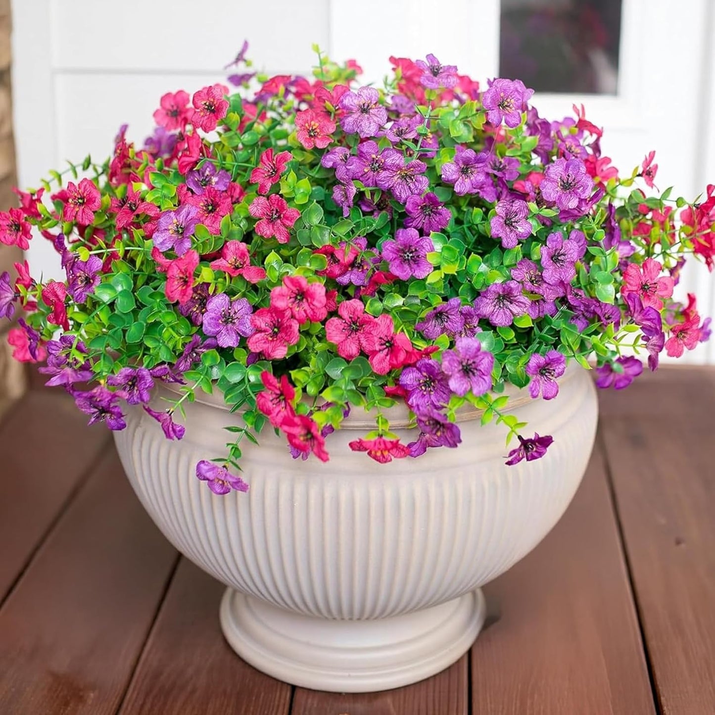 HyeFlora Artificial Flowers for Outdoor Indoor Garden Home Decoration, Faux Flower Daisy with Eucalyptus Leaves Fake Plants Greenery Boxwood Porch Patio, 12 Bundles (Mix Pink Red Purple Yellow)