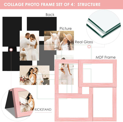 DUENPY 4x6 Collage Picture Frame Tempered Glass Front, Displays Four 4x6 Photo, Family Photo Collage Frame, Wall Decor Wall Hanging or Tabletop, Brown