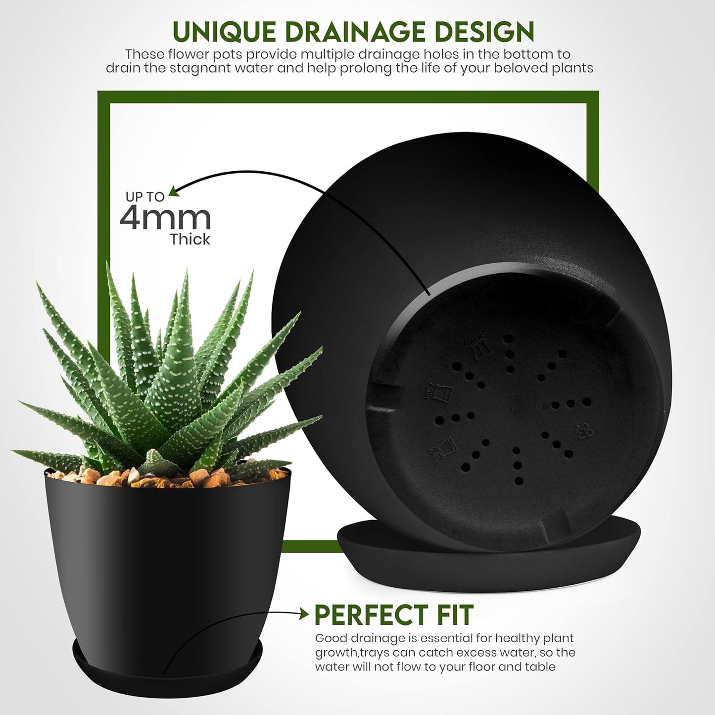 Utopia Home Plant Pots Indoor with Drainage Holes – Set of 5 White Plastic Flower Pots (7/6.6/6/5.3/4.8 Inch) – Modern Planters for Indoor Plants, Room & Office Décor, Great Stocking Stuffers