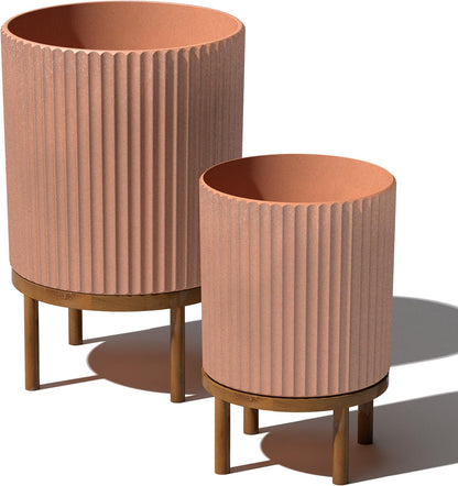 Veradek Demi Series Round Planter w/ Stand for Porch/Patio | Durable Plastic-Concrete & Wooden Stand | Modern Décor for Tall Plants, Flowers