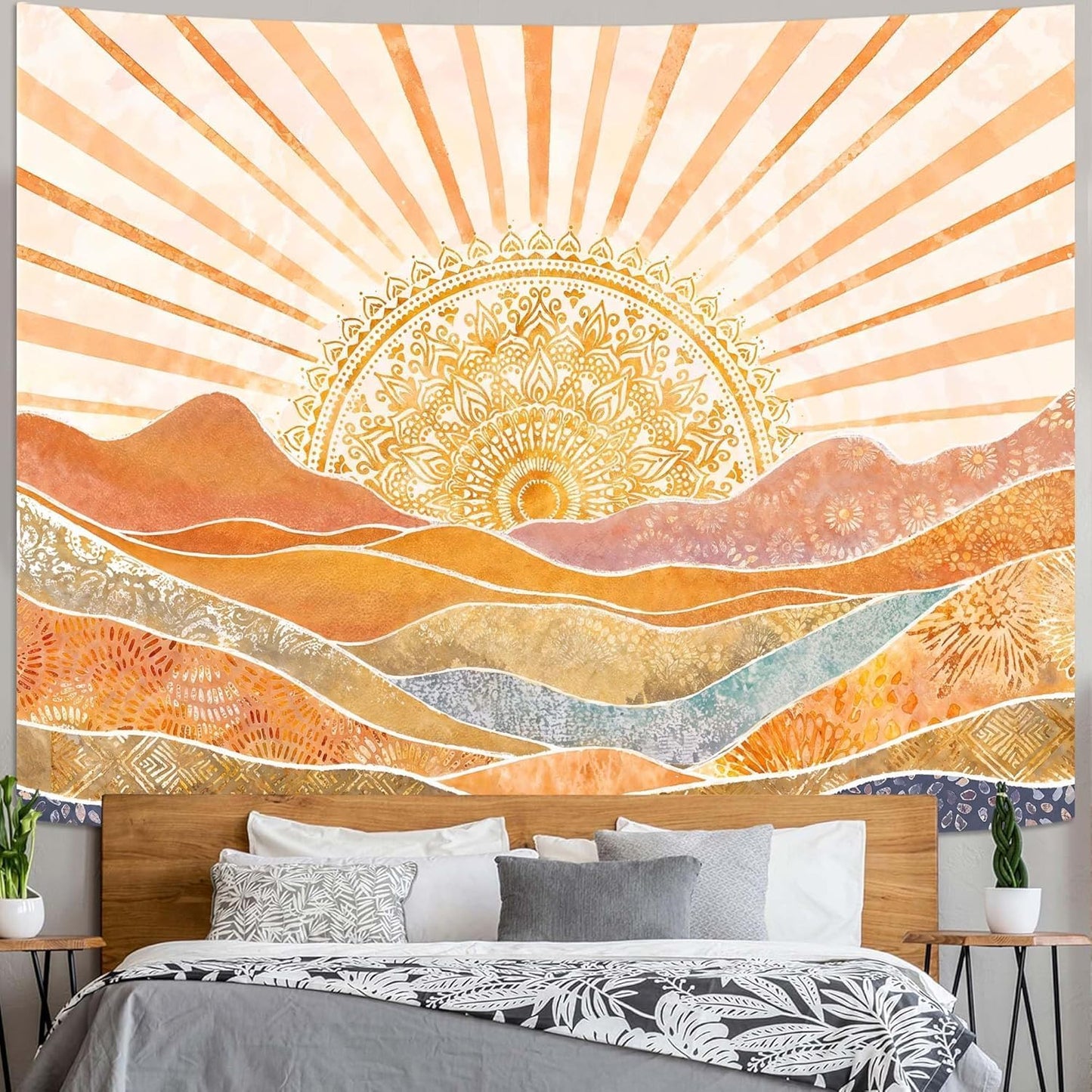 Lunerfex Bohemian Mandala Sunrise Wall Tapestry, Abstract Mountain Scenery Tapestries for Home Decor, Boho Tapestry 48x36 Inch