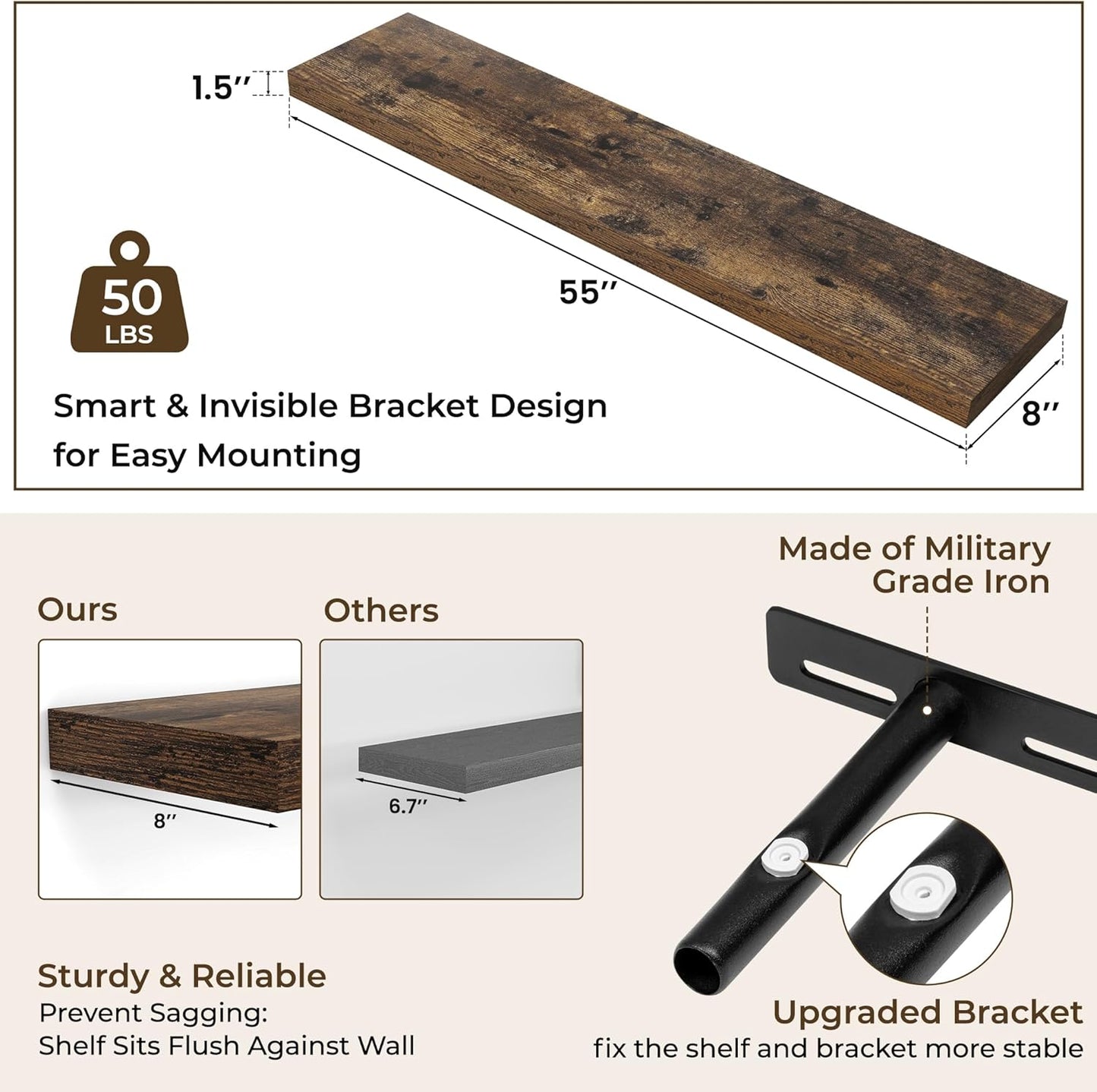 RICHFOCUS 72Inch Floating Shelves for Wall 2 Pack Shelves for Bedroom|Kitchen|Bathroom Wall Mounted Rustic Wood Floating Shelf with Invisible Brackets for Books|Storage|Decor, Rustic Brown