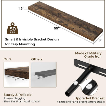 RICHFOCUS 72Inch Floating Shelves for Wall 2 Pack Shelves for Bedroom|Kitchen|Bathroom Wall Mounted Rustic Wood Floating Shelf with Invisible Brackets for Books|Storage|Decor, Rustic Brown