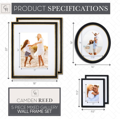 Camden Reed Mixed Gallery Wall Frame Set, (2) 16x20 Inch, (1) 11x14 Inch, and (2) 8x10 Inch, 9 Piece, Brass