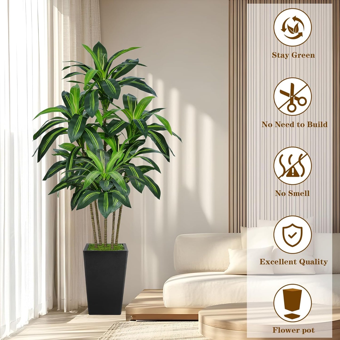 6FT Artificial Dracaena Tree, Fake Tree Indoor with White Tall Planter,Tall Artificial Plants Indoor,Artificial Silk Tree for Home Office Decor (White)