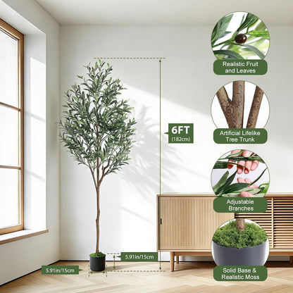 Alupssuc Olive Trees Artificial Indoor, 6FT Tall Faux Olive Tree with White Planter, Artificial Plants with Lifelike Fruits and Realistic Leaves for Modern Home Office Living Room Decor