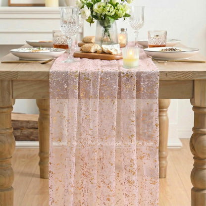 Artoid Mode Beige Gold Gauze Table Runner 120 Inch 10FT, Glitter Metallic Foil Sheer Dining Wedding Anniversary Holiday Birthday Table Decor for Home Party