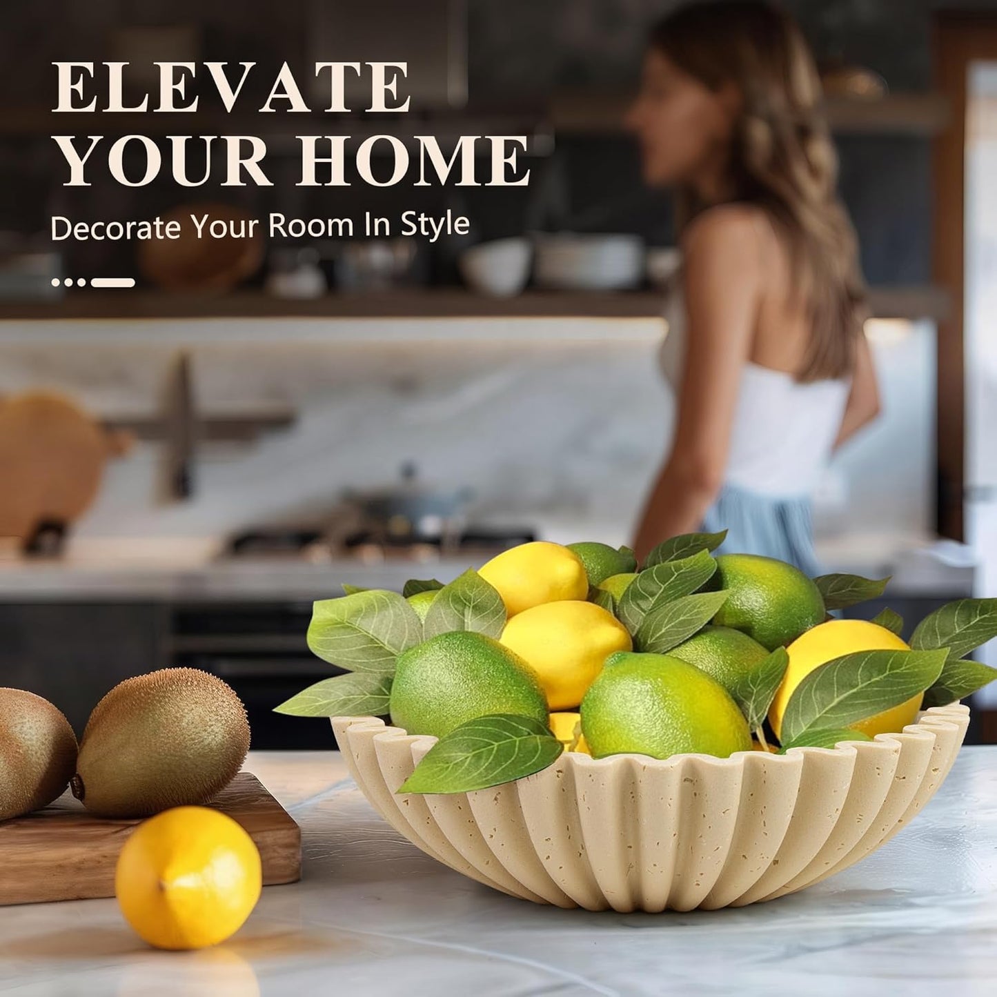 YMXYJM Large Decorative Bowl, Modern Handicraft Bowls for Home Decor, Fruit Bowl for Kitchen Counter, Ruffle Decor, Stylish Key Bowl for Entry Table, Artificial Stone Beige