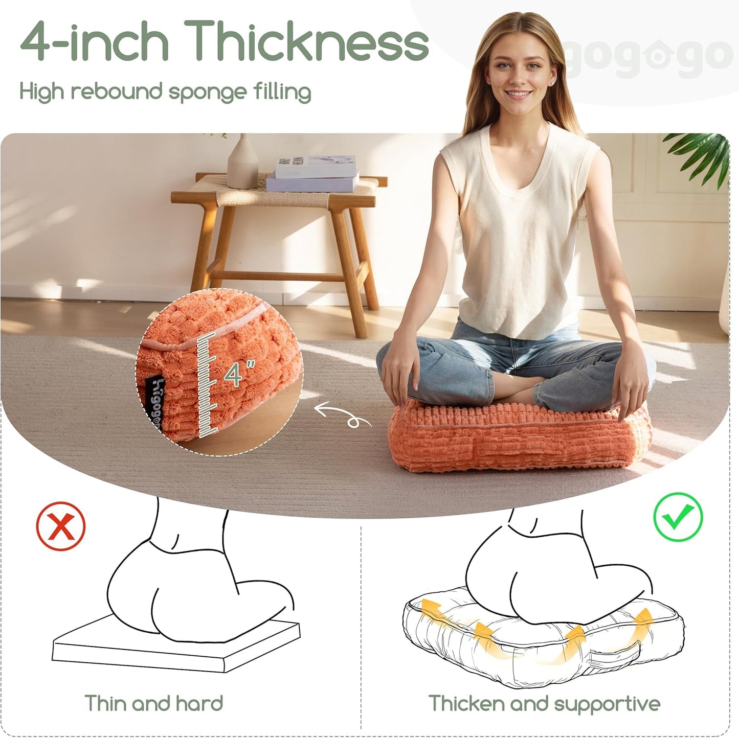 HIGOGOGO Floor Pillow Cushion for Adults, Meditation Cushion Pillow, Blended Corduroy Cover, Large Square Floor Sitting for Tatami Living Room or Yoga, 22x22 Inch, Beige