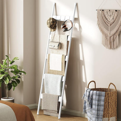 HOOBRO Blanket Ladder, 5-Tier Towel Rack with Hooks, Wall-Leaning Blanket Rack, Decorative Display Ladder Shelf, for Scarves, Industrial, Living Room, Bedroom, Rustic Brown and Black BF52CJ01