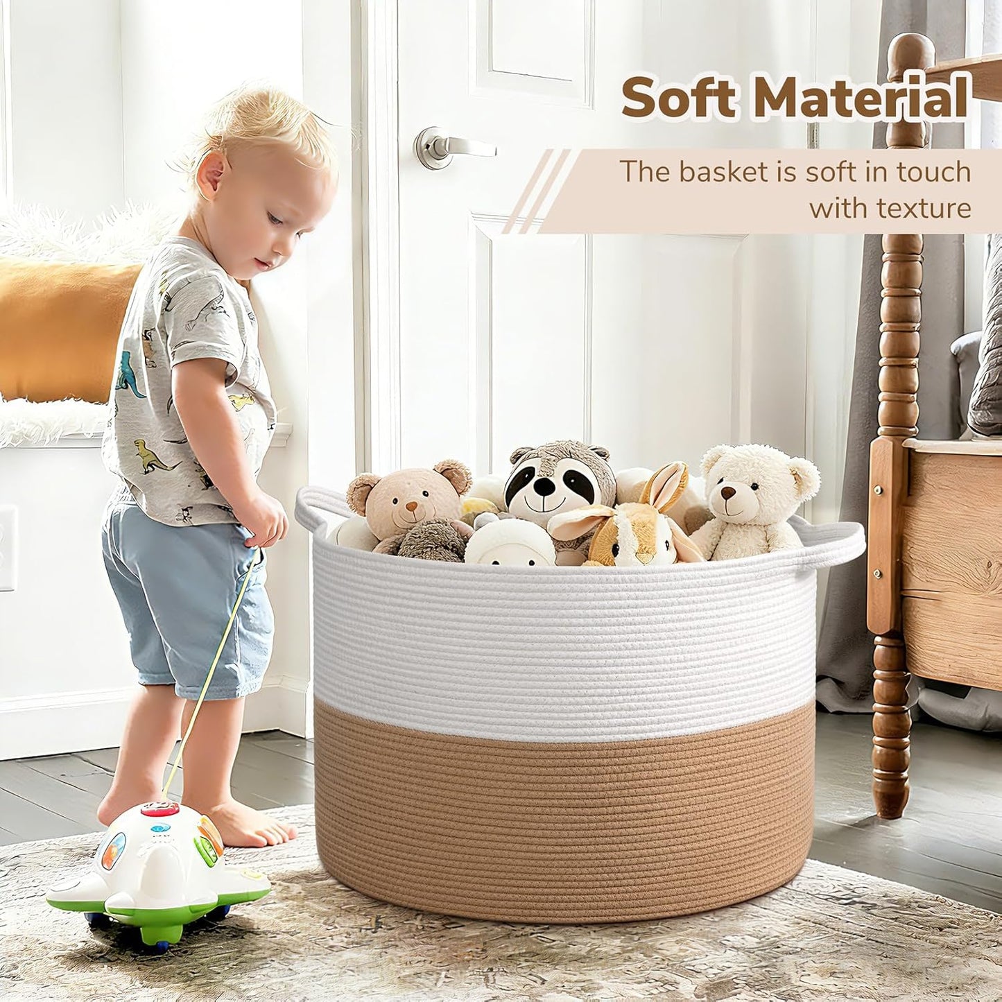 INDRESSME XXXLarge Blanket Basket for Living Room 21.7" x 21.7" x 13.8"-Storage Basket with Handle for Organizing Toy Pillows Woven Cotton Rope Laundry Basket Stuffed Animal Toy Storage for Play Room
