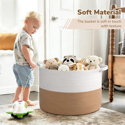 INDRESSME XXXLarge Blanket Basket for Living Room 21.7" x 21.7" x 13.8"-Storage Basket with Handle for Organizing Toy Pillows Woven Cotton Rope Laundry Basket Stuffed Animal Toy Storage for Play Room