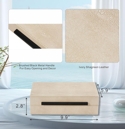 Sagala Set of 2 Ivory Shagreen Decorative Boxes With Brushed Gold Metal Handles, Faux Leather Jewelry Boxes Modern Storages Photo Memory Boxes Home Organizer Boxes (Ivory-Gold, 2pack)