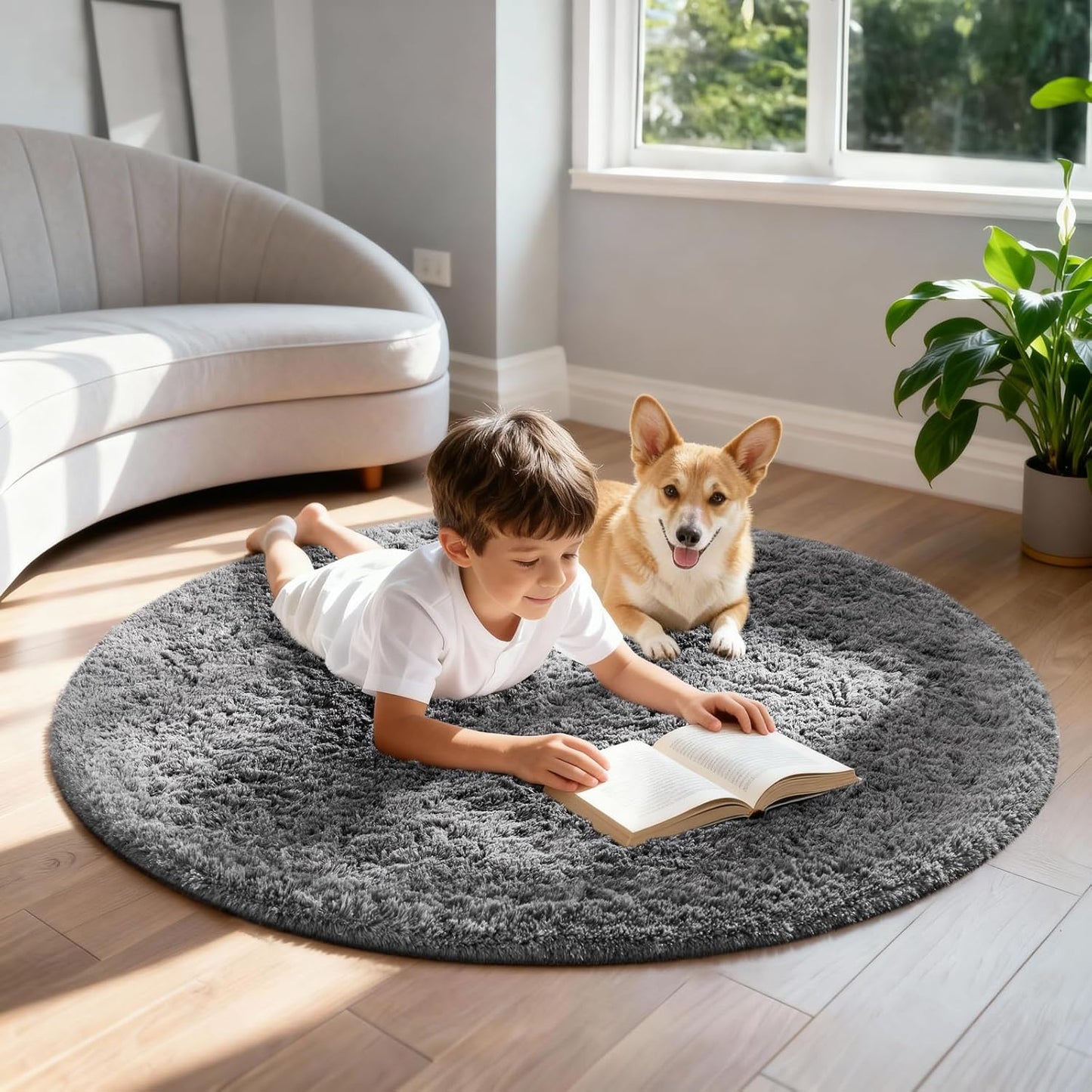 Ophanie Round Rugs 5Ft Ivory Circle Area Rug, Nursery Room Decor, Christmas Aesthetic Bedroom Home Circular Carpet 5 Foot, Fluffy Fuzzy Shag Plush Cream Living Room Rugs for Kids Boys Girls Teen Baby