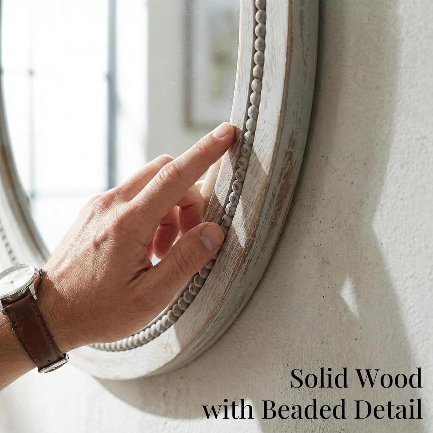 30" Round Solid Wood Mirror for Bathroom Vanity, Handcrafted Beaded Circle Wall Mirror - Natural Boho Farmhouse Decor for Entryway & Bedroom