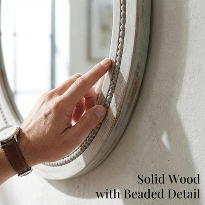 30" Round Solid Wood Mirror for Bathroom Vanity, Handcrafted Beaded Circle Wall Mirror - Natural Boho Farmhouse Decor for Entryway & Bedroom