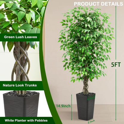 Artificial Ficus Tree 6FT Faux Plants Indoor Tall Fake Plants with White Planter, Green Lifelike Lush Fake Ficus Tree for Home Living Room Bedroom Outdoor Balcony House Office Decor