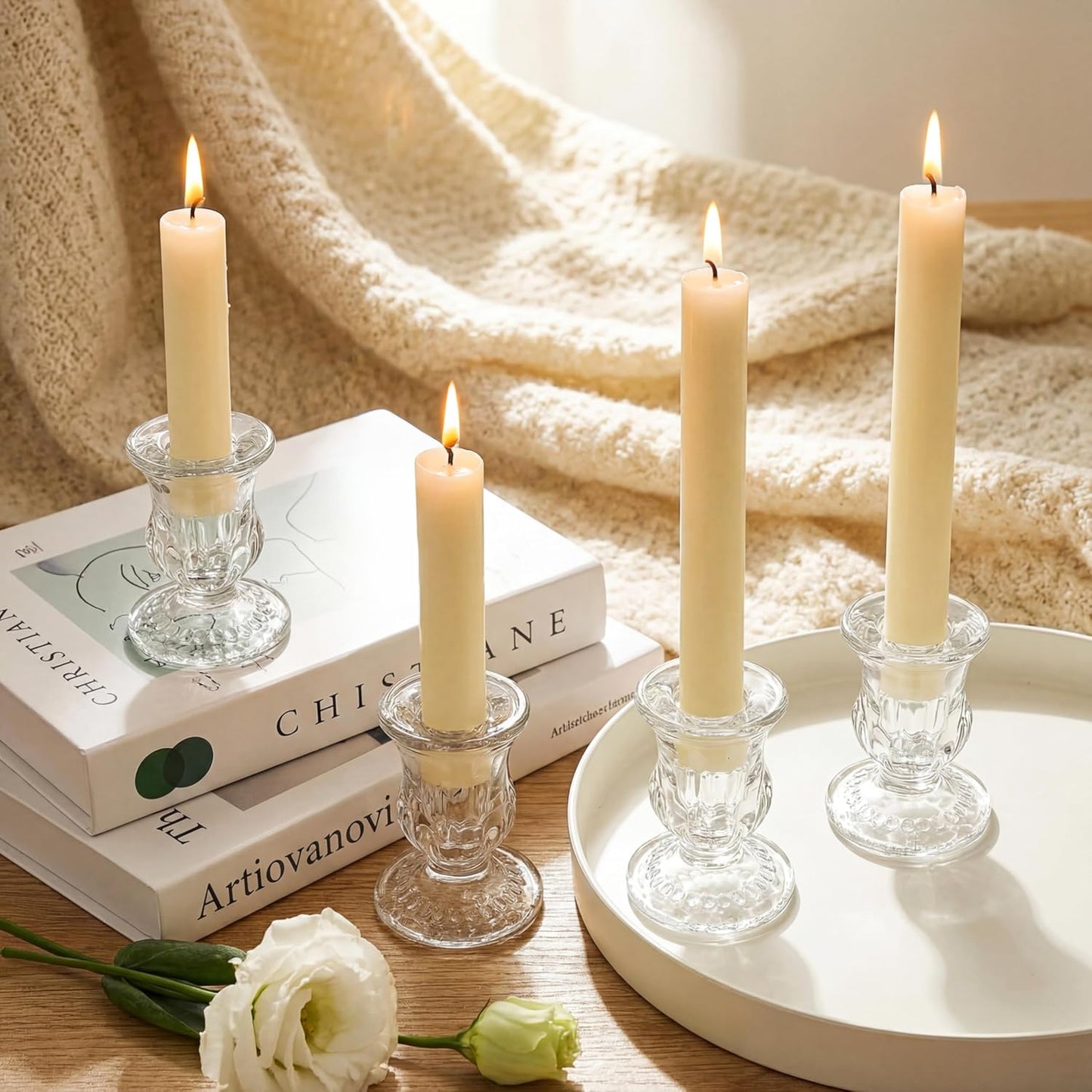 Romadedi Glass Taper Candle Holders - Clear Small Candlestick Holder Bulk, Thicker Glass Candle Sticks Set for Wedding Christmas Party Dining Table Table Centerpiece Decor, 2Pcs