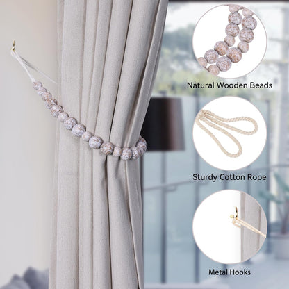 Wood Bead Curtain Tiebacks, KLOGTSIND Set of 2 Curtain Holdbacks for Thin or Thick Window Draperies, Boho Farmhouse Curtain Tiebacks with Hooks, Curtain Tie Backs for Home Office Room Decor