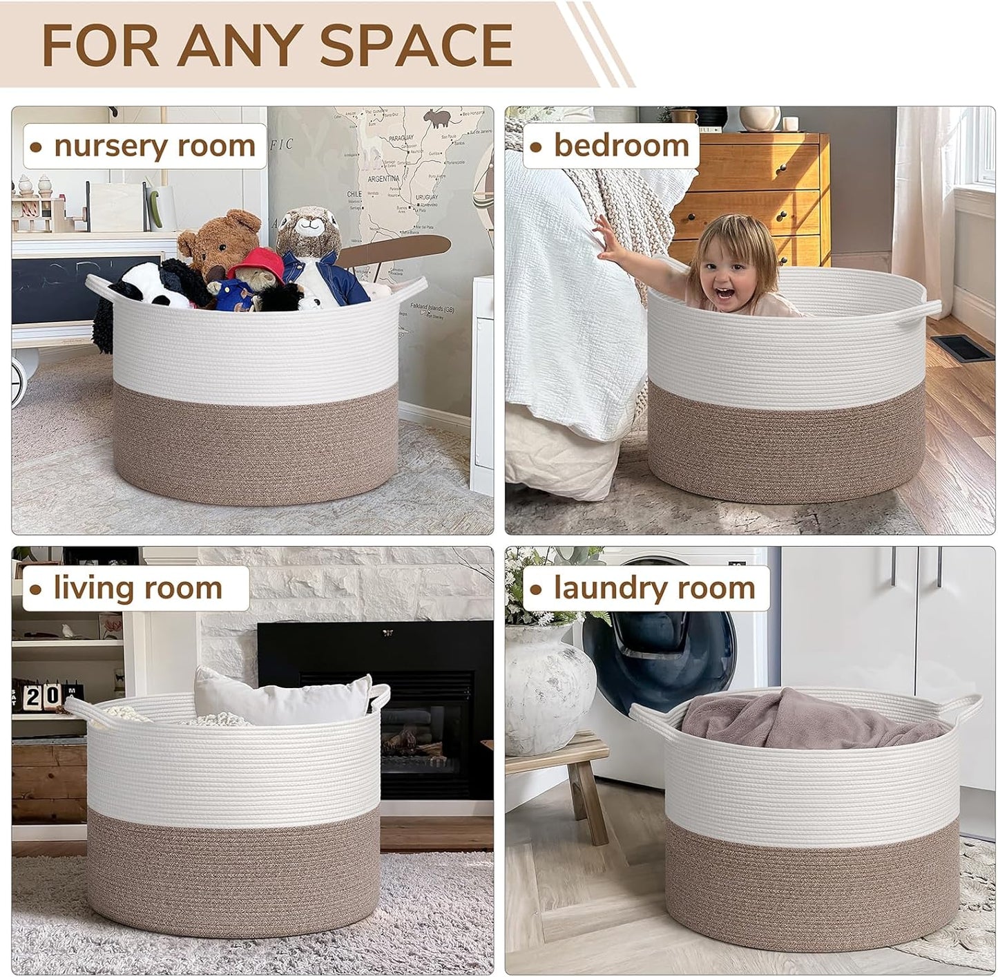 INDRESSME XXXLarge Blanket Basket for Living Room 21.7" x 21.7" x 13.8"-Storage Basket with Handle for Organizing Toy Pillows Woven Cotton Rope Laundry Basket Stuffed Animal Toy Storage for Play Room
