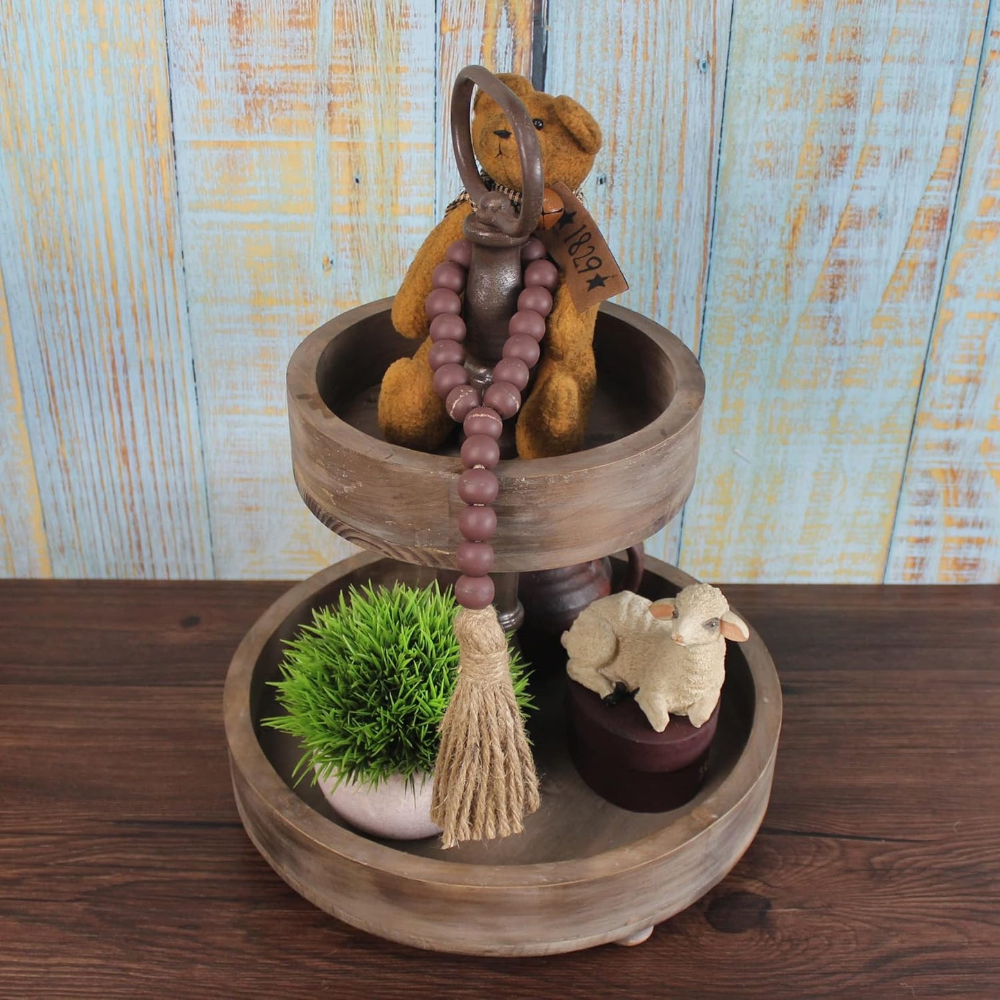 CVHOMEDECO. Wood Beads Garland with Tassels 3 PCS Farmhouse Rustic Wooden Prayer Bead String Wall Hanging Accent for Home Festival Decor. Natural