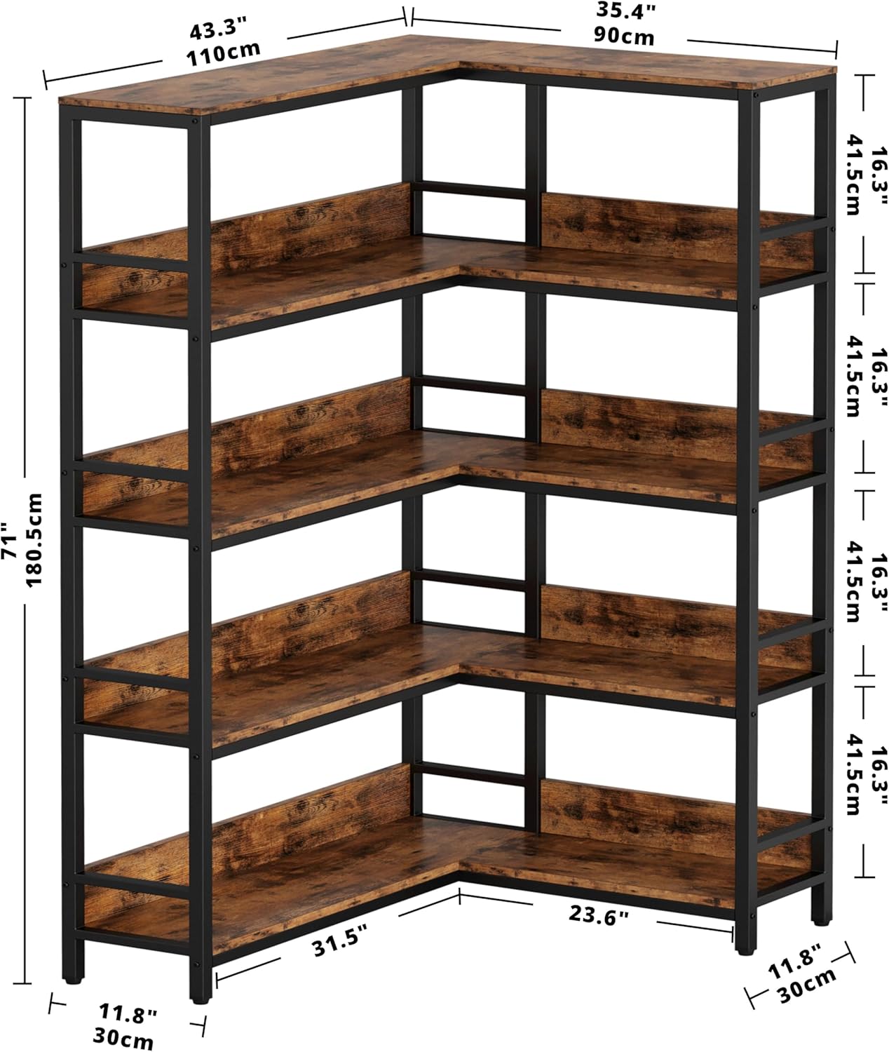 IRONCK Corner Shelf 5 Tiers 70LB Capacity L-Shaped Bookshelf with Baffles and Metal Frame for Home Office Living Room Kitchen Storage and Display