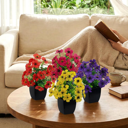 LOYWREE 4 Pack Small Artificial Mums Flowers in White Pots, Fake Mini Potted Plants, Spring Floral Decor for Home Bathroom Shelves Office Desk Table Centerpiece Indoor Decoration