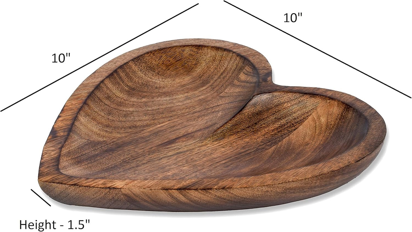 EDHAS Mango Wood Heart Curved Shaped Decorative Bowl for Table Centerpieces Home Party Wedding Décor (10" x 10" x 1.5")