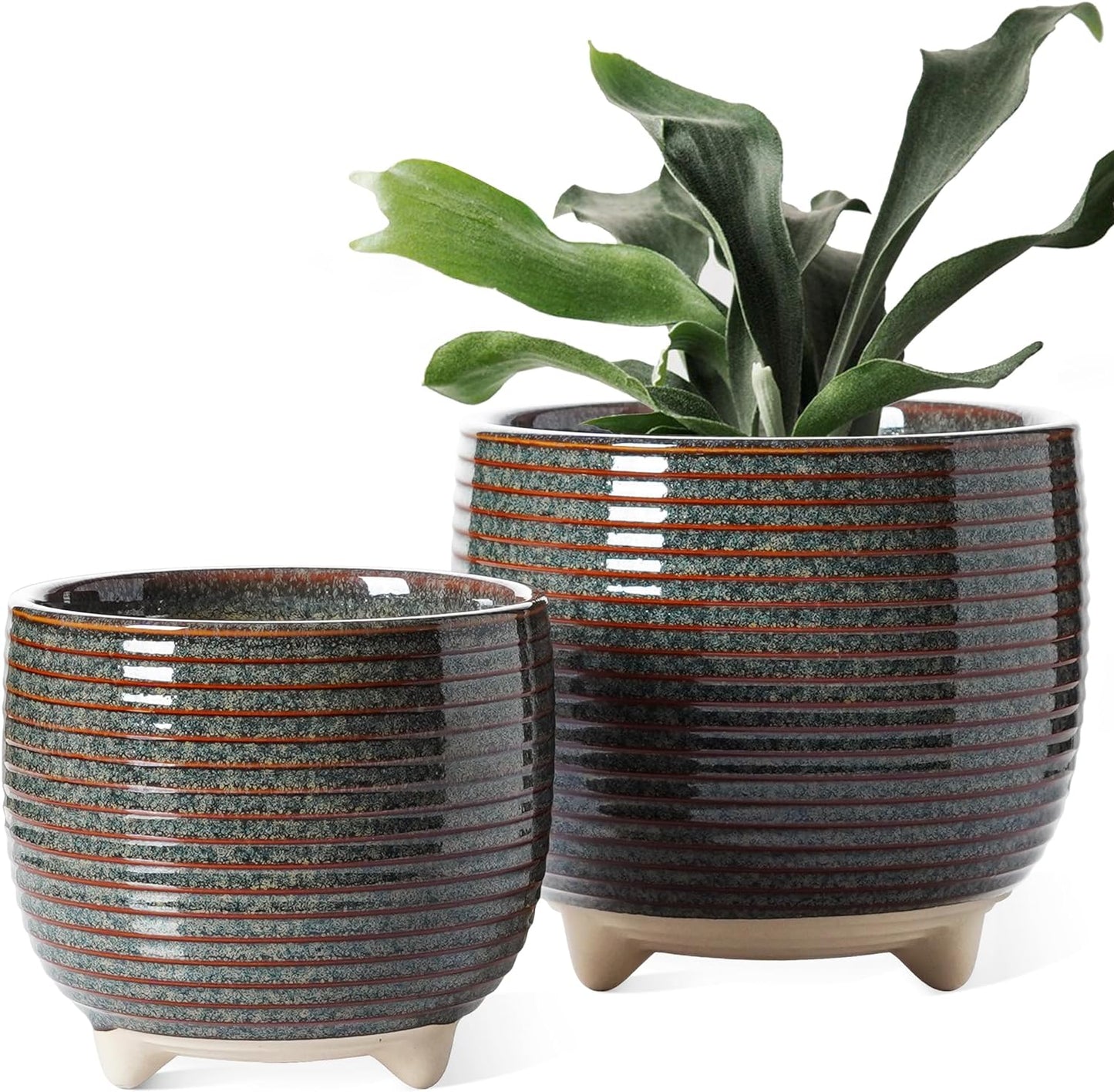 LE TAUCI Ceramic Plant Pots, 5.1 + 6.4 Inch Footed Pots for Plants, Modern Flower Pots for Home and Office, Indoor Planters with Drainage, Reactive Glaze White