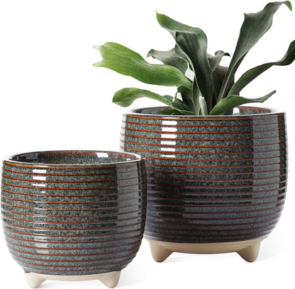 LE TAUCI Ceramic Plant Pots, 5.1 + 6.4 Inch Footed Pots for Plants, Modern Flower Pots for Home and Office, Indoor Planters with Drainage, Reactive Glaze White