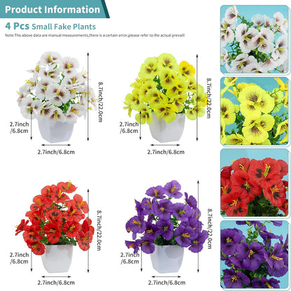 LOYWREE 4 Pack Small Artificial Mums Flowers in White Pots, Fake Mini Potted Plants, Spring Floral Decor for Home Bathroom Shelves Office Desk Table Centerpiece Indoor Decoration