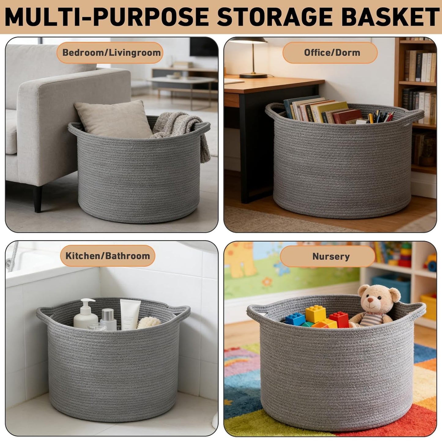 Large Woven Blanket Basket,65L Cotton Rope Laundry Basket Hamper with Handles, Decorative Nursery Basket Storage Bin for Toys, Clothes Organizer, Living Room, Bedroom, Bathroom, White & Brown