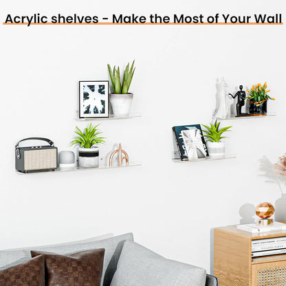 upsimples 6 Pack Acrylic Shelves for Wall Storage, 15" x 4“ Floating Bookshelves for Kids, Display Shelf Organizer for Bathroom, Bedroom, Living Room, Kitchen, Room Decor, Clear