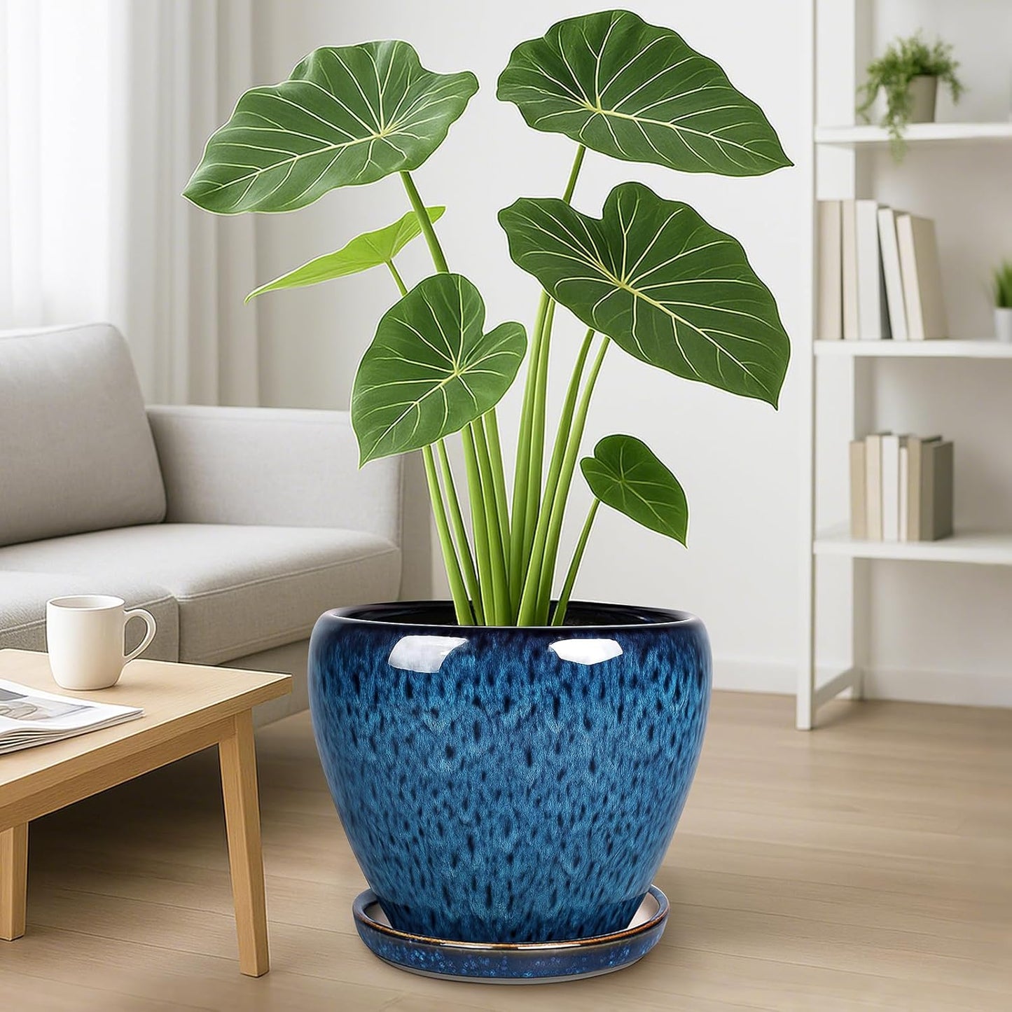 Deep Dream 6 Inch Plant Pots- Ceramic Planter Pot with Drainage Hole and Saucer, Round Flower Pot for Indoor Outdoor Succulent, Snake Plants and Cactus, Blue