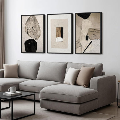 Large Framed Neutral Abstract Wall Art for Living Room, 3 Piece Modern Canvas Prints Paintings Artwork for Walls, Black and Beige Pictures for Living Room Hallway Stair Office Wall Decor 24x36 Inch