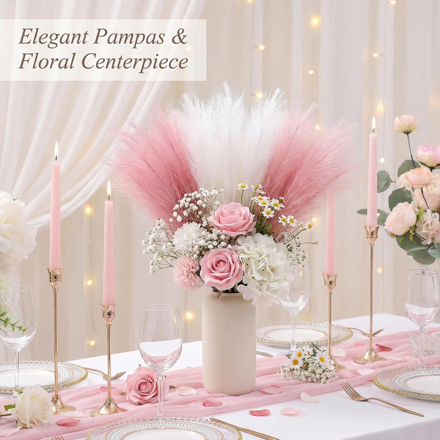 Pampas Grass Decor 21.7 Inch 30pcs, Faux Pampas Grass White Beige Brown Ultra Fluffy No Shedding for Boho Home Bedroom Wedding Vase Filler Dried Flower Arrangement