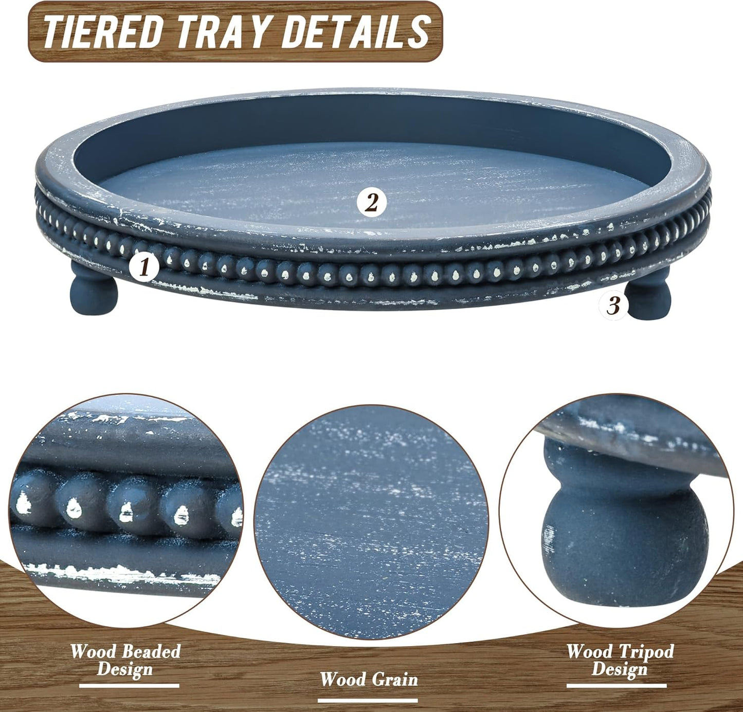 KULEDM Handmade Wooden Decorative Tray, Small Beaded Coffee Table Tray Decor, Sage Round Serving Tray for Coffee Table, Dining Room Table Entryway and Living Room Table