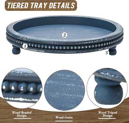 KULEDM Handmade Wooden Decorative Tray, Small Beaded Coffee Table Tray Decor, Sage Round Serving Tray for Coffee Table, Dining Room Table Entryway and Living Room Table