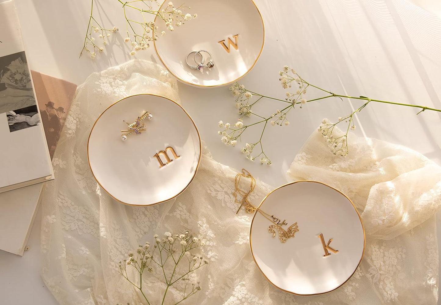 COLLECTIVE HOME - Ceramic Jewelry Tray, Decorative Trinket Dish for Rings Earrings Necklaces Bracelet Watch Keys, Birthday Mother's Day Christmas Gift for Women, 4.75", White Surface (M)
