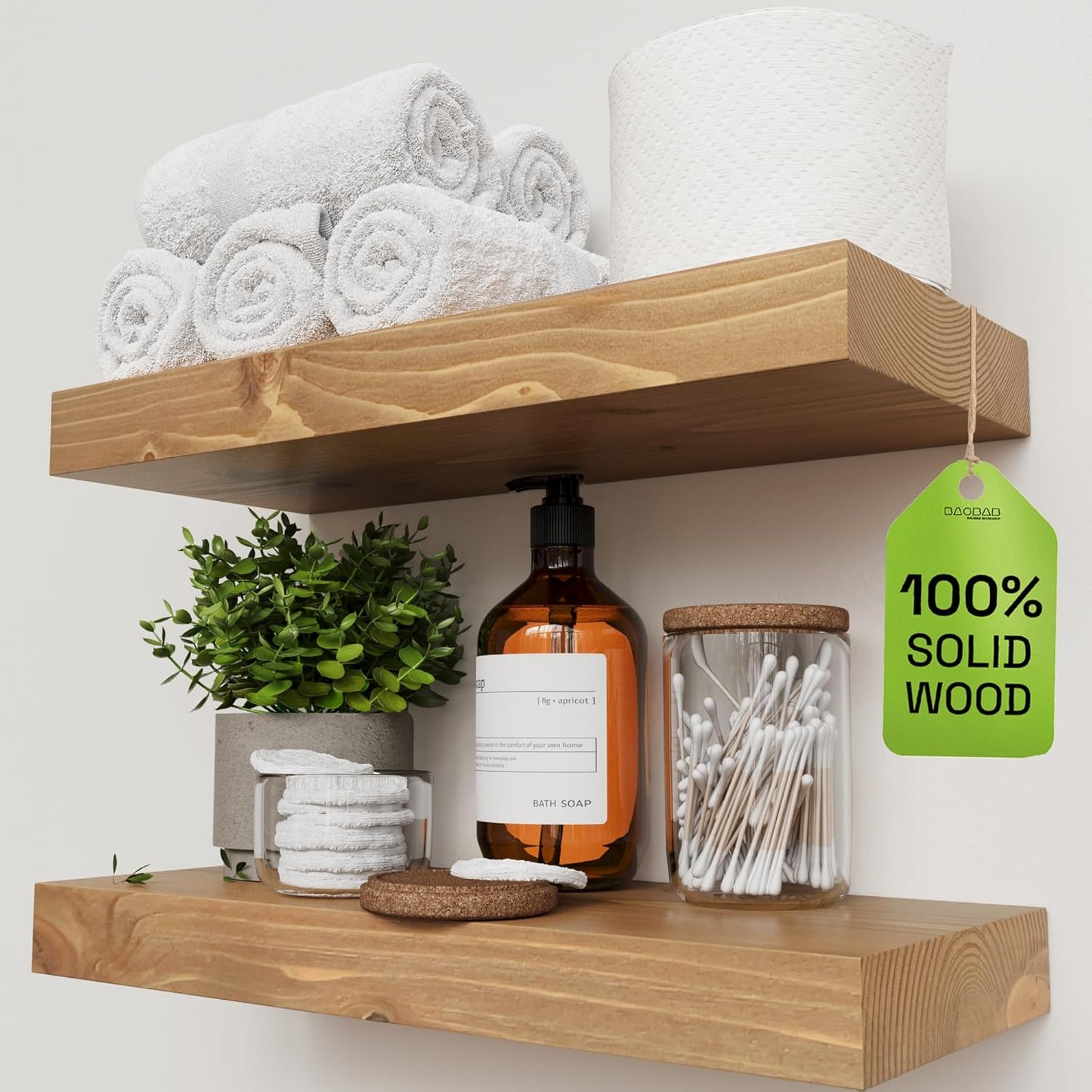 BAOBAB WORKSHOP Wood Floating Shelves for Wall Mounted, 16 inch Walnut Floating Shelf for Bathroom, Solid Wooden Wall Shelves for Kitchen Bedroom Farmhouse, Walnut Finish, 16 x 6.7, Set of 2
