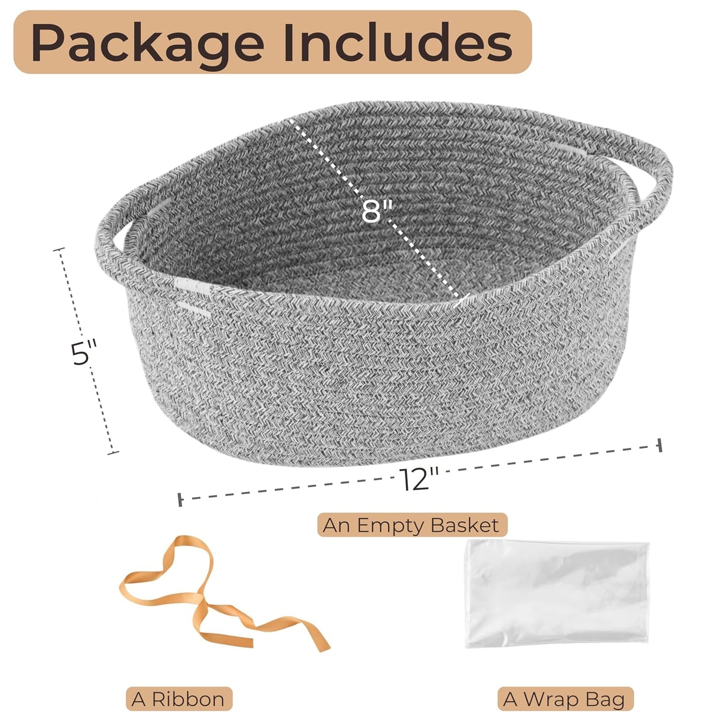 Small Woven Gift Basket Empty with Bag & Ribbon - Gifts for Mom, Baby Shower, Birthdays & Raffle - Cotton Rope Storage Basket for Dog Toys or Shelf - 12"x8"x5", White