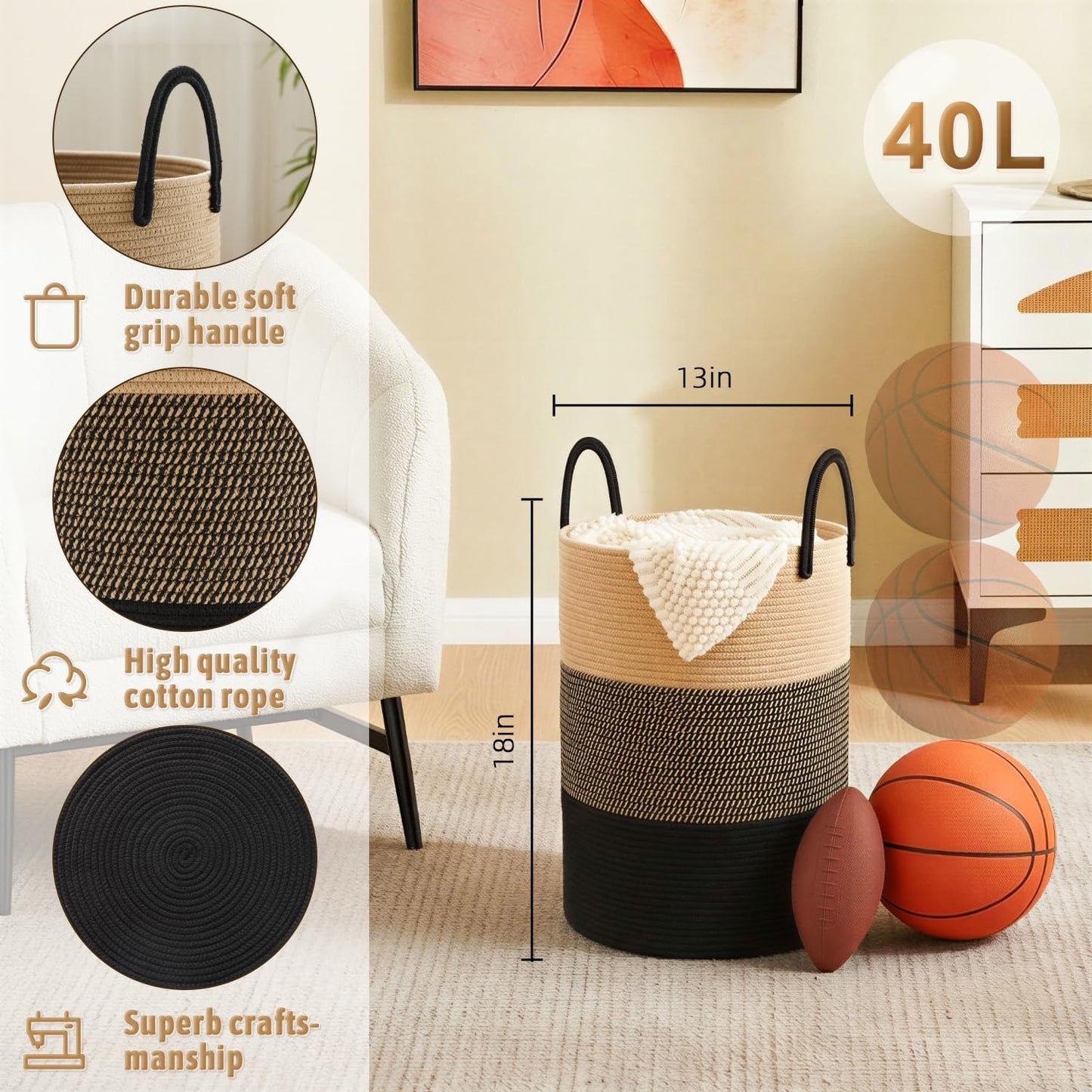 Artfeel Laundry Basket,Woven Cotton Rope Laundry Hamper,60L for Decor Storage of Dirty Clothes,Toys and Blankets in Bathroom,Baby Room and Living Room